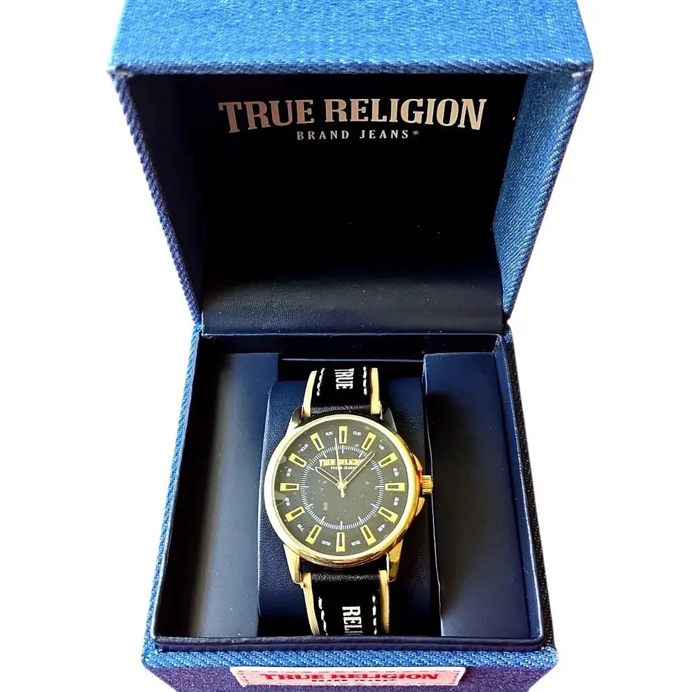True Religion Men’s Watch Black Gold Dial TRM107 Analog Leather Strap Fashion